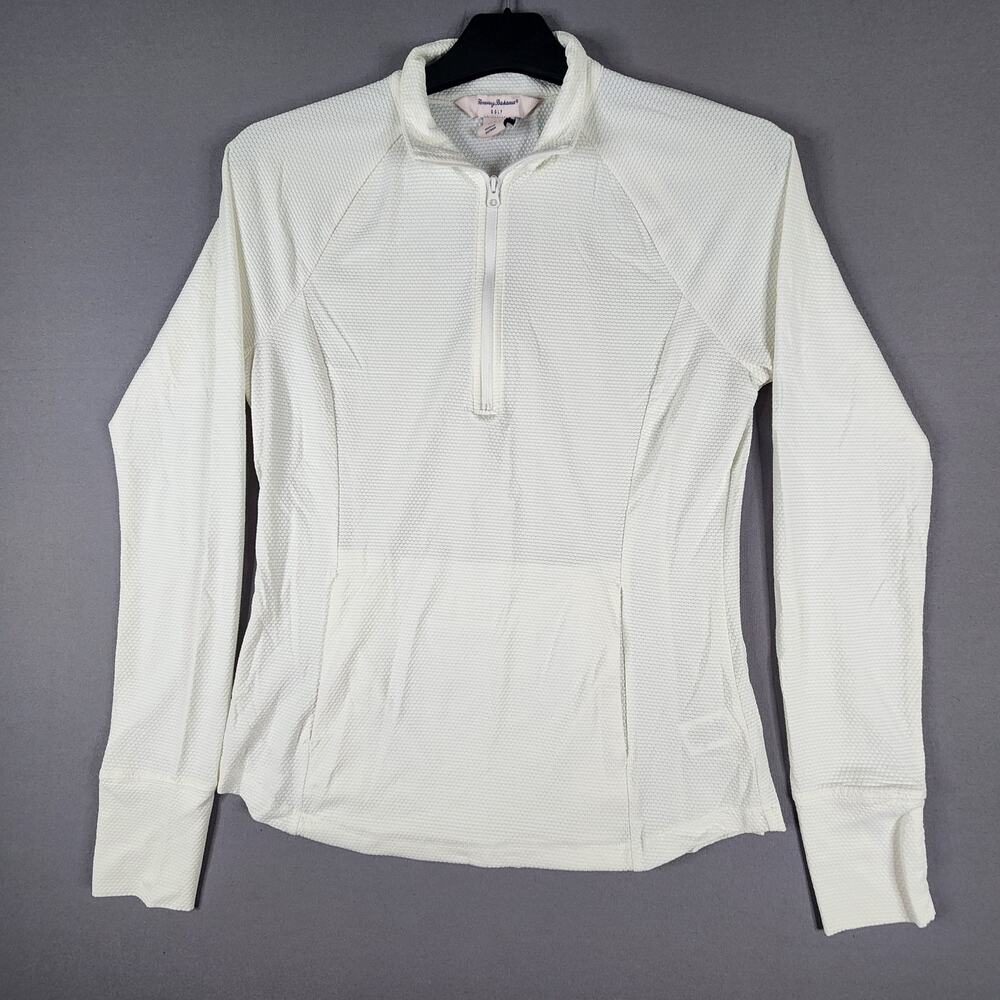 Tommy Bahama Golf women's small quarter zip white shirt long sleeve thumb holes
